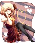  bad_id bespectacled blonde_hair dress feet flandre_scarlet glasses heart heart_of_string lion_nicole pantyhose red_eyes side_ponytail sitting solo thighhighs touhou 