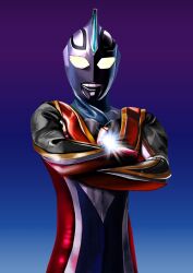  1boy 4ze_meteor absurdres alien armor blue_background blue_gem blue_skin chest_guard color_timer colored_skin commentary compound_eyes crossed_arms dorsal_fin forehead_jewel gem giant giant_male glowing glowing_eyes gold_trim gradient_background highres looking_at_viewer male_focus multicolored_skin no_pupils pectorals purple_background red_skin shoulder_armor silver_skin solo sparkle tokusatsu toned toned_male two-tone_background ultra_series ultraman_agul ultraman_agul_(supreme_version) ultraman_gaia_(series) upper_body white_eyes wrinkled_skin 