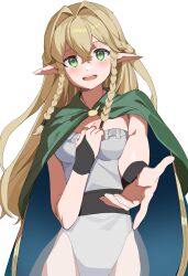  1girl absurdres blonde_hair braid braided_sidelock breasts bridal_gauntlets cancanbaobao55 cape cloak commentary_request crossed_bangs crown_braid double-parted_bangs elf eltolinde_(unicorn_overlord) floating_hair green_cape green_cloak green_eyes hair_between_eyes hair_intakes highleg highleg_leotard highres leotard long_hair looking_at_viewer medium_breasts offering_hand open_hand open_mouth pointy_ears simple_background smile solo twin_braids two-sided_cape two-sided_fabric unicorn_overlord upper_body very_long_hair white_background white_leotard 