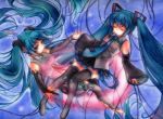  aqua_eyes aqua_hair bridal_gauntlets closed_eyes detached_sleeves dual_persona elbow_gloves eyes_closed geroro gloves hatsune_miku hatsune_miku_(append) long_hair miku_append multiple_girls necktie skirt thigh-highs thighhighs twintails very_long_hair vocaloid vocaloid_append 
