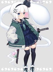  1girl alternate_costume black_hairband black_sailor_collar black_thighhighs blue_eyes blue_shirt blue_skirt breasts closed_mouth colored_inner_hair commentary_request flower green_jacket green_neckerchief grey_background grey_hair hair_ornament hairband hands_in_pockets hataraki_kuma highres hitodama jacket katana konpaku_youmu konpaku_youmu_(ghost) long_sleeves looking_at_viewer multicolored_hair multiple_swords neckerchief open_clothes open_jacket petal_print pink_flower pink_hair pleated_skirt print_skirt puffy_long_sleeves puffy_sleeves sailor_collar school_uniform sheath sheathed shirt shoes short_hair simple_background skirt small_breasts sneakers solo sword sword_on_back thigh-highs touhou variant_set weapon weapon_on_back white_shoes x_hair_ornament 