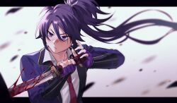  1boy arm_armor battle blood blood_on_weapon blurry blush closed_mouth collared_shirt commentary_request depth_of_field double-parted_bangs fingerless_gloves fudou_yukimitsu gloves hair_between_eyes hands_up high_ponytail highres holding holding_sword holding_weapon jacket katana korean_commentary long_hair looking_ahead male_focus necktie nose_blush open_clothes open_jacket ponytail purple_gloves purple_jacket purple_necktie randa_494 serious shirt simple_background solo sword touken_ranbu tsurime unsheathed upper_body very_long_hair weapon white_background white_shirt wind 