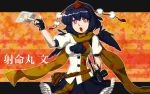  belt belt_pouch black_hair bust cameo camera character_name fingerless_gloves gloves hakurei_reimu hat open_mouth pen photo_(object) red_eyes scarf shameimaru_aya short_hair solo tokin_hat touhou wings yae62429 