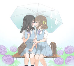 2girls absurdres bag belt belt_buckle black_hair blue_belt blue_dress blue_ribbon blush brown_bag brown_eyes brown_hair buckle bush collared_shirt commentary_request couple dress eye_contact flower highres holding holding_umbrella hydrangea imminent_kiss kurosawa_karura looking_at_another looking_to_the_side medium_hair multiple_girls neck_ribbon on_bench original parted_lips pinafore_dress pleated_skirt print_umbrella profile purple_flower rain_print ribbon school_bag shirt simple_background sitting skirt sleeveless sleeveless_dress umbrella violet_eyes white_background white_shirt white_umbrella wing_collar yuri 