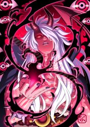  1boy belt black_coat black_fire black_nails body_markings bracelet coat coat_on_shoulders colored_skin commentary eastblue_95 english_commentary fire hair_over_one_eye highres horns imu_(one_piece) jewelry long_hair looking_at_viewer male_focus one_piece parted_lips red_eyes red_skin solo spiked_bracelet spikes topless_male upper_body white_hair 