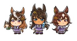  3girls animal_ears blue_eyes blush bottle bow breasts brown_hair chibi closed_mouth commentary cue_stick dark-skinned_female dark_skin ear_ornament earrings english_commentary frown gaman hair_between_eyes hand_puppet highres holding holding_bottle horse_ears horse_girl horse_tail jewelry long_hair long_sleeves looking_at_viewer multicolored_hair multiple_girls outstretched_arm pleated_skirt ponytail puppet purple_sailor_collar purple_serafuku purple_shirt purple_skirt purple_thighhighs red_eyes sailor_collar sailor_shirt school_uniform serafuku shirt shoes simple_background single_earring sirius_symboli_(umamusume) skirt streaked_hair symboli_kris_s_(umamusume) symboli_rudolf_(umamusume) tail thigh-highs tracen_school_uniform umamusume very_long_hair violet_eyes water_bottle white_background white_hair 