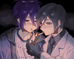  2boys black_background black_gloves black_hair black_necktie black_shirt cigar cigarette_kiss coat collared_shirt commentary_request dark expressionless fudou_yukimitsu glasses gloves hair_between_eyes hands_up high_ponytail highres holding_matchstick hood hood_down hooded_jacket jacket korean_commentary lab_coat lapels long_hair looking_at_object looking_down male_focus multiple_boys necktie open_clothes open_jacket ponytail purple_hair purple_jacket randa_494 shirt short_hair simple_background smoking straight_hair touken_ranbu upper_body violet_eyes white_coat white_shirt yagen_toushirou 