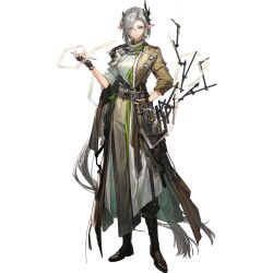  1girl arknights arm_out_of_sleeve asymmetrical_horns belt black_belt black_gloves boots breasts brown_boots brown_coat brown_pants closed_mouth coat demon_girl demon_horns earrings eboda-x fingerless_gloves full_body gloves green_eyes grey_hair hair_between_eyes hair_over_one_eye hand_in_pocket high_collar highres holding holding_pen horns jewelry knee_boots long_coat long_hair looking_at_viewer machine nasti_(arknights) notched_ear official_art open_clothes open_coat pants pen pointy_ears rhine_lab_logo shirt simple_background single_earring sleeves_rolled_up solo striped_clothes striped_pants tassel tassel_earrings third-party_source transparent_background uneven_horns vertical-striped_clothes vertical-striped_pants very_long_hair white_shirt 