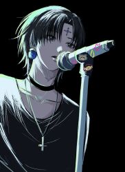  1boy black_choker black_eyes black_hair black_shirt choker chrollo_lucilfer collarbone cross cross_necklace cross_tattoo earrings facial_mark facial_tattoo forehead_mark forehead_tattoo highres hunter_x_hunter inverted_cross inverted_cross_necklace jewelry male_focus microphone microphone_stand music necklace pompompurin rip1208 sanrio shirt short_hair simple_background singing solo star_(symbol) tattoo teardrop upper_body 