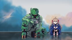  1boy 1girl absurdres ahoge aqua_eyes barefoot blue_jacket brown_hair closed_mouth commentary cosplay diana_(pragmata) diana_(pragmata)_(cosplay) english_commentary green_helmet hair_between_eyes hair_ornament hair_ribbon hairpin heart heart_hair_ornament helmet highres hugging_own_legs hugh_williams hugh_williams_(cosplay) jacket long_hair neuro-sama on_floor parody pragmata red_ribbon ribbon signature sitting spacesuit twitter_username vedal987 vedal_ai zayberk 