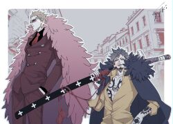 2boys absurdres arm_tattoo black_cape black_hair black_shirt blonde_hair cape chest_tattoo coat cowboy_shot donquixote_doflamingo earrings eyes_visible_through_eyewear facial_hair goatee hand_in_pocket highres holding holding_sword holding_weapon jewelry looking_at_viewer male_focus multiple_boys necktie one_piece pink_coat red_necktie red_suit shirt short_hair sk_c_ii smile suit sunglasses sword tattoo town trafalgar_law upper_body weapon yellow_shirt 