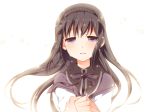  akemi_homura black_hair hairband hand_holding holding_hands long_hair looking_at_viewer mahou_shoujo_madoka_magica purple_eyes school_uniform simple_background solo sparkle tears touon violet_eyes 