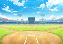  baseball_field baseball_stadium billboard bleachers blue_archive blue_sky clouds day dirt flag game_cg grass lens_flare no_humans non-web_source official_art outdoors perspective pitcher's_mound ring_of_light_(blue_archive) scenery scoreboard self-datamine sign sky stadium stadium_lights sunlight 