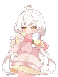  1girl absurdres ahoge blush cardigan check_copyright child copyright_request cup disposable_coffee_cup disposable_cup enpera hair_ornament highres holding holding_cup long_hair looking_at_viewer low_twintails mittens original pink_scarf pleated_skirt scarf shirousagi_(user_erwx7425) skirt smile solo twintails white_background white_hair x_hair_ornament yellow_skirt 
