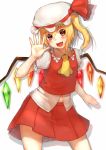  blonde_hair fang flandre_scarlet navel open_mouth outstretched_hand red_eyes short_hair side_ponytail simple_background smile solo sugimeno the_embodiment_of_scarlet_devil touhou wings 