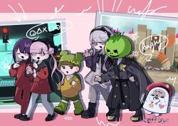  2boys 3girls :d anger_vein backpack bag black_boots black_bow black_dress black_hairband black_jacket black_sailor_collar boots bow brain brown_eyes brown_hair chinese_commentary commentary_request dress flying_sweatdrops foxooo_0529 gakuran ginzaki_shouma green_bag green_boots green_hat green_shorts grey_hair grey_leggings grey_skirt hair_bun hairband hat heart high_heels highres jacket kirifuji_nozomi leggings long_hair masked multicolored_hair multiple_boys multiple_girls nervous_sweating nigou_(hundred_line) one_eye_closed oosuzuki_kurara pants pantyhose photo_(object) pink_eyes pink_hair pleated_skirt purple_hair red_hat red_pants red_skirt sailor_collar school_uniform shirt short_hair shorts skirt smile sweat sweater the_hundred_line_-last_defense_academy- tsukumo_ima tsukumo_kako violet_eyes walking white_pantyhose white_shirt yellow_sweater 