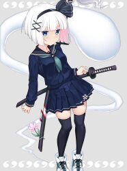  1girl alternate_costume black_hairband black_sailor_collar black_thighhighs blue_eyes blue_shirt blue_skirt breasts closed_mouth colored_inner_hair commentary_request flower green_neckerchief grey_background grey_hair hair_ornament hairband hataraki_kuma highres hitodama katana konpaku_youmu konpaku_youmu_(ghost) looking_at_viewer multicolored_hair multiple_swords neckerchief petal_print pink_flower pink_hair pleated_skirt print_skirt sailor_collar school_uniform sheath sheathed shirt shoes short_hair simple_background skirt small_breasts sneakers solo sword sword_on_back thigh-highs touhou variant_set weapon weapon_on_back white_shoes x_hair_ornament 