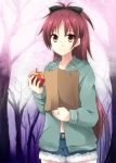 :t apple food fruit holding holding_apple holding_fruit inui_nagi mahou_shoujo_madoka_magica red_eyes red_hair redhead sakura_kyouko shorts solo 