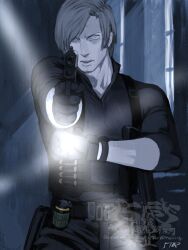  1boy 5tatsu aiming aiming_at_viewer artist_name black_gloves black_shirt explosive flamethrower furrowed_brow gloves grenade gun highres holding holding_flamethrower holding_gun holding_weapon leon_s._kennedy looking_at_viewer male_focus parted_bangs parted_lips resident_evil resident_evil_requiem shirt short_hair solo upper_body watch watch weapon 