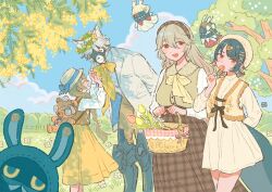  1boy 3girls alexandrina_sebastiane anastella_(zenless_zone_zero) animal_bag animal_ears bangboo_(zenless_zone_zero) basket bear_bag black_hair braid brown_hair brown_skirt butler_(zenless_zone_zero) candy clouds coat commentary_request corin_wickes day dress drusilla_(zenless_zone_zero) ellen_joe flower flower_wreath food furry furry_male green_hair hair_ornament hairclip hat hat_ribbon highres holding holding_basket holding_candy holding_food holding_lollipop lollipop long_braid looking_at_viewer mole mole_under_eye multiple_girls open_clothes open_coat outdoors plaid_clothes plaid_skirt red_eyes ribbon shiro_chan46 single_braid skirt tree von_lycaon white_coat white_hat wolf_boy wolf_ears yellow_skirt zenless_zone_zero 