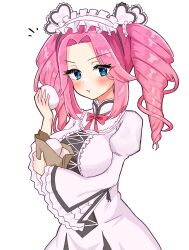  1girl :t absurdres bag blue_eyes blush check_copyright copyright_request dress drill_hair eating food frilled_hairband frills hairband highres holding holding_food lolita_fashion lolita_hairband long_sleeves looking_at_viewer notice_lines paper_bag pink_hair pout shijimi4343 shikoku_metan simple_background solo steamed_bun twin_drills twintails utau white_background white_dress 