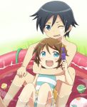  aqua_eyes bare_shoulders black_hair blue_eyes blue_hair blush brother_and_sister brown_hair casual_one-piece_swimsuit child frilled_swimsuit frills highres hose hug kousaka_kirino kousaka_kyousuke one-piece_swimsuit open_mouth ore_no_imouto_ga_konna_ni_kawaii_wake_ga_nai pool short_hair siblings sitting skirt smile striped striped_swimsuit sudachi_(calendar) swim_trunks swimsuit toes toy wading_pool water water_gun wink young 