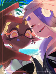  2girls :q beach blonde_hair blue_hair blue_sky blue_tongue breasts cephalopod_eyes chest_sarashi closed_mouth clouds colored_eyelashes colored_skin colored_tongue crop_top cross-shaped_pupils dark-skinned_female dark_skin day earrings eyeliner fangs forehead frye_(splatoon) gradient_hair hachimaki hair_over_one_eye headband horizontal_pupils inkling isamu-ki_(yuuki) jewelry licking_lips long_hair looking_at_viewer makeup medium_breasts multicolored_hair multiple_earrings multiple_girls nejiri_hachimaki ocean one_eye_covered open_mouth outdoors palm_tree pink_pupils pointy_ears purple_hair purple_tongue red_eyeliner red_eyes red_skin sand sarashi see-through_clothes shawl shiver_(splatoon) short_eyebrows sky smile splatoon_(series) splatoon_3 suction_cups symbol-shaped_pupils teeth tentacle_hair tongue tongue_out tree under_boob upper_body very_dark_skin water yellow_eyes yellow_pupils 