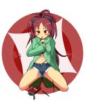  blush boots bow hair_bow kamiyoshi knee_boots kyuubee long_hair mahou_shoujo_madoka_magica mouth_hold navel pocky ponytail red_eyes red_hair redhead sakura_kyouko shirt_lift short_shorts shorts solo squatting translated 