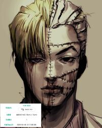  1boy blonde_hair diamond_wa_kudakenai formal_clothes highres jojo_no_kimyou_na_bouken kawajiri_kosaku kira_yoshikage kira_yoshikage_(bites_the_dust) male_focus pinstripe_pattern pinstripe_shirt purple_suit santamanymany scar scar_on_face shirt solo split_theme suit white_hair 