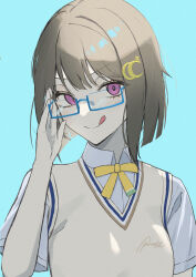  1girl :q absurdres blue_background blue_shirt brown_hair brown_vest commentary_request crescent crescent_hair_ornament glasses hair_ornament highres looking_at_viewer love_live! love_live!_nijigasaki_high_school_idol_club masami_atabe nakasu_kasumi neck_ribbon nijigasaki_school_uniform ribbon school_uniform shirt signature smile smug solo tongue tongue_out vest violet_eyes yellow_ribbon 