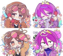  1boy 1girl :3 :d absurdres androgynous animification block_(minecraft) brown_hair cardigan chibi chibi_only chinese_commentary chumufengchun commentary_request crown explosive eyewear_on_head hardcore_heart highres humanization lifesteal_smp long_hair looking_at_viewer minecraft minecraft_sword minecraft_youtube multiple_views open_cardigan open_clothes open_mouth orange_cardigan orange_eyes phone purple_hair round_eyewear short_hair smile squiddo sunglasses sword tnt tnt_block_(minecraft) violet_eyes weapon wemmbu 