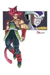  2boys absurdres alien aura beatlo_(rodrigo38658978) highres metamoran_vest monkey_boy multiple_boys muscular muscular_male red_fur saiyan saiyan_armor spiky_hair super_saiyan super_saiyan_god super_saiyan_rose 