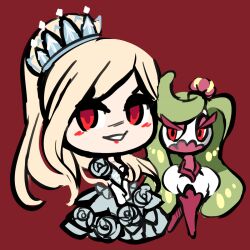  1girl blonde_hair blush chibi chibi_only commentary crossover crown danganronpa_(series) danganronpa_3_(anime) dark_persona dress english_commentary full_body highres long_hair official_alternate_costume official_alternate_eye_color official_alternate_hairstyle pokemon pokemon_(creature) ponytail red_background red_eyes simple_background smile sonia_nevermind spoilers suraelis tsareena 