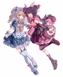  2girls absurdres alternate_costume alternate_hairstyle animal_ear_hairband animal_ears aria_(discordant_note)_(zenless_zone_zero) aria_(zenless_zone_zero) aria_(zenless_zone_zero)_(cosplay) bare_shoulders bell black_bridal_gauntlets black_choker black_dress black_garter_straps black_hair black_wings blue_eyes bonnet bow breasts bridal_gauntlets brown_hair cat_ear_hairband cat_ears choker closed_eyes closed_mouth clothes_lift columbina_(genshin_impact) commentary_request cosplay dress dress_lift fake_animal_ears frills garter_straps genshin_impact hair_bow hair_ornament hair_ribbon hairband head_wings headdress highres liuyun_(liuyun73492) long_hair maid maid_headdress multicolored_hair multiple_girls multiple_wings neck_bell official_alternate_costume open_mouth purple_hair purple_streaks quad_tails ribbon sandrone_(genshin_impact) short_hair_with_long_locks simple_background single_thighhigh skull_ornament smile streaked_hair sunna_(afternoon_tea_break)_(zenless_zone_zero) sunna_(zenless_zone_zero) sunna_(zenless_zone_zero)_(cosplay) thigh-highs triangle_hair_ornament twintails two-tone_hair white_background white_dress white_headdress white_wings wing_hair_ornament wings zenless_zone_zero 