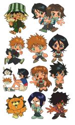  4girls 5boys absurdres adjusting_eyewear animal_ears arisawa_tatsuki asano_keigo bandaged_hand bandages black_hair black_kimono bleach blonde_hair blue_necktie blue_shirt bow bowtie brown_eyes brown_hair brown_skirt chibi chibi_only collared_shirt folding_fan furrowed_brow glasses hair_between_eyes hair_ornament hair_over_one_eye hand_fan hand_on_own_chin highres holding holding_fan inoue_orihime ishida_uryuu japanese_clothes kimono kojima_mizuiro kon_(bleach) kuchiki_rukia kurosaki_ichigo long_hair medium_hair multiple_boys multiple_girls necktie one_eye_closed opaque_glasses open_mouth orange_hair parted_bangs pleated_skirt rabbit_ears red_bow red_bowtie running sado_yasutora sandals shihakusho shirt shoes short_hair sitting skirt smile sneakers snowflake_hair_ornament socks striped_clothes striped_hat striped_necktie stuffed_animal stuffed_lion stuffed_toy sweatdrop tan urahara_kisuke v violet_eyes white_shirt white_shoes white_socks xi_luo_an_ya 