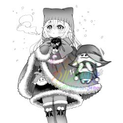  1girl alternate_costume alternate_hairstyle animal_ear_headwear animalization aranara_(genshin_impact) beanie blush boots bow caramelo_game cloak closed_mouth cross-shaped_pupils earflap_beanie eyelashes fur-trimmed_cloak fur-trimmed_sleeves fur_trim genshin_impact greyscale hair_between_eyes hair_down hat highres knee_boots large_bow long_hair long_sleeves mittens monochrome nahida_(genshin_impact) pointy_ears pom_pom_(clothes) scaramouche_(cat)_(genshin_impact) scaramouche_(genshin_impact) snowing solo standing symbol-shaped_pupils tareme trembling twitter_username watermark 