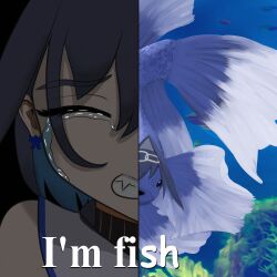  1girl bow bow_earrings chain chain_headband clenched_teeth crying earrings fang fish hair_intakes highres hololive hololive_english i'm_fine_(meme) jairus jewelry meme ouro_kronii ouro_kronii_(1st_costume) split_theme tears teeth tropical_fish underwater virtual_youtuber 
