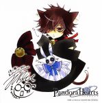  blush bow brown_hair bunny cat cat_ears cheshire_cat cheshire_cat_(pandora_hearts) disc_cover hair_over_one_eye highres male mochizuki_jun official_art pandora_hearts red_eyes screening solo toy 