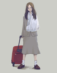  1girl absurdres arm_cast arm_sling brown_hair brown_shoes cast closed_mouth full_body grey_background grey_jacket grey_skirt highres holding holding_suitcase jacket loafers long_hair long_sleeves looking_at_viewer original rolling_suitcase shoes simple_background skirt socks solo standing suit suitcase white_socks yukishima 