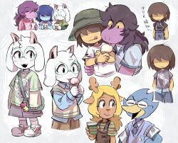  1other 2boys 2girls alternate_costume animal_ears antenna_hair antlers bag berdly_(deltarune) bird_boy blonde_hair blue_pants blue_shirt blush brown_hair brown_shorts bubble_tea bucket_hat closed_eyes closed_mouth collared_shirt colored_skin commentary deer_ears deltarune denim drinking_straw drinking_straw_in_mouth fang food freckles furry furry_female furry_male glasses green-framed_eyewear green_bag green_hat green_shirt grey_shirt grey_shorts hair_between_eyes hat highres holding holding_food holding_ice_cream holding_ice_cream_cone horns ice_cream ice_cream_cone jeans kris_(dark_world)_(deltarune) kris_(deltarune) long_hair long_sleeves looking_at_another looking_at_viewer multiple_boys multiple_girls no_eyes noelle_holiday nomu_poncha open_mouth pants pink_shirt purple_hair purple_skin ralsei red_shoes reindeer_antlers reindeer_girl reptile_girl round_eyewear shaded_face shirt shoes short_hair short_sleeves shorts skin_fang smile sneakers susie_(dark_world)_(deltarune) susie_(deltarune) sweater_vest t-shirt tongue tongue_out translation_request utdr_(toby_fox) yellow_sweater_vest 