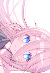  1girl bare_shoulders black_bra blue_eyes blurry blush bra bra_peek braid braided_sidelock cevio choker closed_mouth commentary_request depth_of_field dot_nose double-parted_bangs eyes_visible_through_hair film_grain flat_chest grey_choker grey_shirt hair_between_eyes hair_flaps highres ia_(vocaloid) long_hair long_hair_between_eyes looking_at_viewer off-shoulder_shirt off_shoulder pink_hair portrait raised_eyebrows shirt sidelocks sideways simple_background smile solo tsukizuumi underwear vocaloid white_background wind 