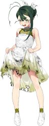  1girl antenna_hair blunt_bangs burnt_clothes dress full_body green_eyes green_hair green_socks grin hair_bun hair_ribbon holding_own_dress kantai_collection layered_dress long_hair official_alternate_hairstyle official_art open_mouth ribbon shirt shoes sleeveless sleeveless_dress smile socks solo sugi_(kancolle) sugi_kai_(anniversary)_(kancolle) transparent_background umihara_sakana white_dress white_shoes 