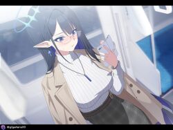  1girl alternate_costume black_hair blue_archive blue_eyes blue_hair blue_halo blush brown_jacket casual cellphone colored_inner_hair commentary_request earrings giga-tera glasses grey_skirt halo highres holding holding_phone jacket jacket_on_shoulders jewelry long_hair looking_to_the_side multicolored_hair phone plaid_clothes plaid_skirt pointy_ears rin_(blue_archive) skirt smartphone solo sweatdrop sweater turtleneck turtleneck_sweater two-tone_hair white_sweater 