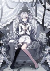  1girl 25-ji_miku absurdres aqua_eyes aqua_nails black_thighhighs closed_mouth commentary_request danjou_sora dot_mouth dot_nose dress fingernails flower grey_hair guest_art hair_between_eyes hair_ribbon hatsune_miku highres holding holding_flower limited_palette long_hair looking_at_viewer miku_day nail_polish neck_ribbon official_art pink_eyes project_sekai red_ribbon ribbon second-party_source single_bare_foot single_thighhigh sitting solo thigh-highs toenail_polish toenails twintails very_long_hair vocaloid white_dress white_ribbon white_theme 