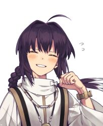  1other absurdres ahoge androgynous black_hair blush braid clenched_hand closed_eyes commentary_request fate/samurai_remnant fate_(series) floating_hair flying_sweatdrops grin hair_intakes highres jewelry long_hair mitsurugi_sugar necklace other_focus pendant simple_background single_braid smile solo white_background yamato_takeru_(fate) 