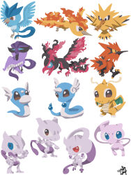  absurdres aqua_eyes articuno bird blue_eyes brown_eyes chibi chibi_only closed_mouth commentary_request dragonair dragonite dratini fiery_wings fire full_body galarian_articuno galarian_moltres galarian_zapdos head_wings highres horns mega_mewtwo_x mega_mewtwo_y mew_(pokemon) mewtwo moltres nostrils open_mouth pokemon pokemon_(creature) pokemon_focus red_eyes regional_and_normal signature simple_background single_horn smile t_tsudaka tongue white_background wings zapdos 