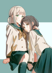  2girls absurdres black_hair brown_eyes brown_neckerchief buttons closed_mouth commentary_request double-breasted green_background green_eyes green_sailor_collar green_skirt green_socks grey_hair hand_on_another's_neck highres initial invisible_chair jacket kneehighs layered_sleeves long_sleeves looking_at_viewer looking_back medium_hair mu_gu_gu multiple_girls neckerchief original parted_lips pleated_skirt sailor_collar school_uniform serafuku short_hair sitting skirt socks standing turning_head two-tone_background white_background white_jacket yuri 