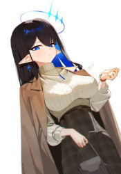  1girl absurdres bag black_bag black_hair blue_archive blue_eyes blue_eyeshadow blue_hair blue_halo breasts brown_coat brown_skirt coat coat_on_shoulders colored_inner_hair commentary dan_nako dutch_angle earrings eyeshadow halo handbag highres holding holding_bag jewelry large_breasts long_hair long_sleeves looking_at_viewer makeup multicolored_hair necklace official_alternate_costume plaid_clothes plaid_skirt pointy_ears ribbed_sweater rin_(blue_archive) rin_(casual)_(blue_archive) signature simple_background skirt solo straight_hair sweater sweater_tucked_in turtleneck turtleneck_sweater two-tone_hair very_long_hair watch watch white_background white_sweater 