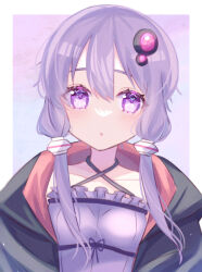  1girl :o arms_at_sides black_jacket blush border breasts collarbone commentary_request criss-cross_halter dot_nose double-parted_bangs expressionless eyes_visible_through_hair film_grain frilled_shirt frills hair_between_eyes hair_ornament halterneck highres hood hood_down hooded_jacket inverted_eyelashes jacket light_particles long_sleeves looking_at_viewer open_clothes open_jacket outside_border pale_skin parted_lips pink_hood puffy_long_sleeves puffy_sleeves purple_background purple_hair purple_ribbon purple_shirt ribbed_shirt ribbon ribbon-trimmed_shirt ribbon_trim shirt short_hair_with_long_locks sidelocks simple_background small_breasts solo sparkling_eyes straight-on strapless strapless_shirt tsukizuumi upper_body violet_eyes vocaloid voiceroid white_border yuzuki_yukari 
