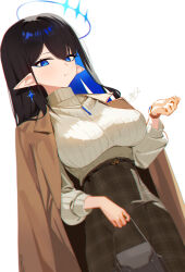  1girl absurdres bag black_hair black_skirt blue_archive blue_eyes blue_eyeshadow blue_hair breasts brown_coat coat coat_on_shoulders colored_inner_hair commentary dan_nako dutch_angle earrings eyeshadow halo handbag highres holding holding_bag jewelry large_breasts long_hair long_sleeves looking_at_viewer makeup multicolored_hair official_alternate_costume plaid_clothes plaid_skirt pointy_ears ribbed_sweater rin_(blue_archive) rin_(casual)_(blue_archive) signature simple_background skirt solo straight_hair sweater sweater_tucked_in two-tone_hair very_long_hair watch watch white_background white_sweater 
